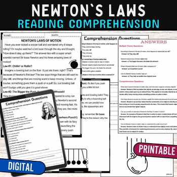 Preview of Newton's 3 Laws of Motion Reading Comprehension Passage,Digital & Print