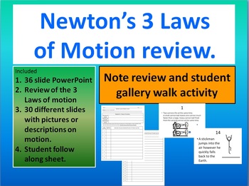 Preview of Newton's 3 laws of motion review and gallery walk.