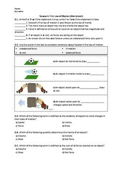 Preview of Newton's First Law of Motion - Worksheet | Printable and Distance Learning