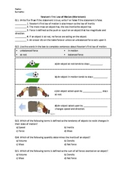 Preview of Newton's First Law of Motion - Worksheet | Easel Activity & Printable PDF