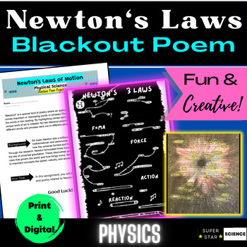 Preview of Newton's Laws Activity Blackout Poem Physics Project STEM Creative Fun MYP NGSS