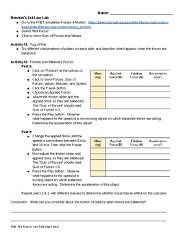 Newton S Laws Lab Phet Simulation Worksheet By Mr E Science Theater