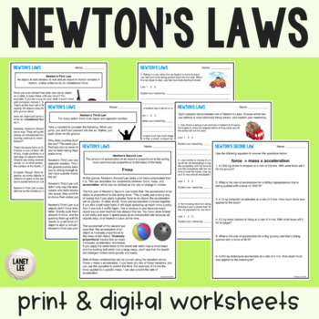 Preview of Newton's Laws - Reading Comprehension Worksheets