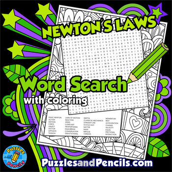 Preview of Newton's Laws Word Search Puzzle Activity with Coloring | Physics Wordsearch