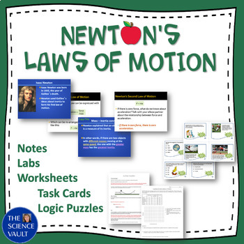 Preview of Newton's Laws of Motion Task Cards, Worksheets, Game, Graphing, Logic Puzzles