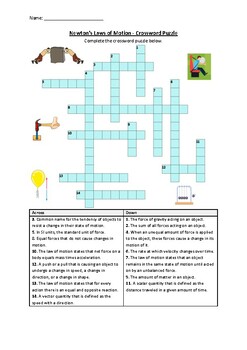 Preview of Newton's Laws of Motion - Crossword Puzzle Worksheet Activity (Printable)