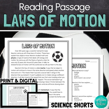Preview of Newton's Laws of Motion Reading Comprehension Passage PRINT and DIGITAL