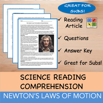 Preview of Newton's Laws of Motion - Reading Passage and x 10 Questions (EDITABLE)