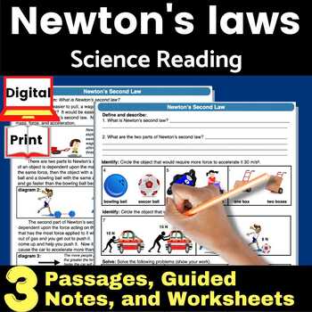 Preview of Newtons laws of motion worksheet balanced & unbalanced forces reading passages