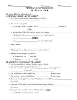 Preview of Newton's Laws of Motion - Worksheet