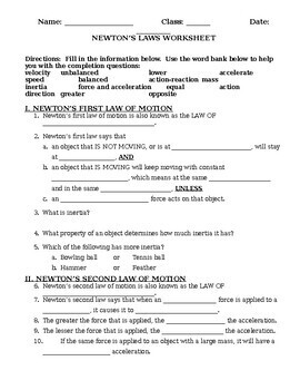 Preview of Newton's Laws of Motion Worksheet and Review