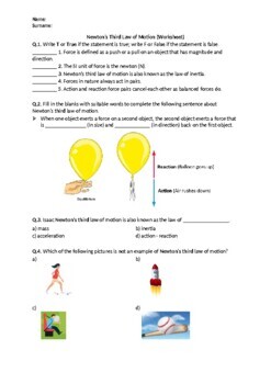 Preview of Newton's Third Law of Motion - Worksheet | Printable and Distance Learning