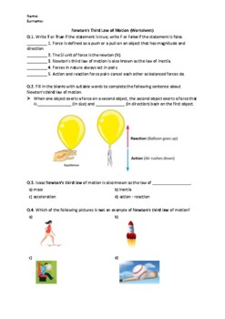 Preview of Newton's Third Law of Motion - Worksheet | Easel Activity & Printable PDF