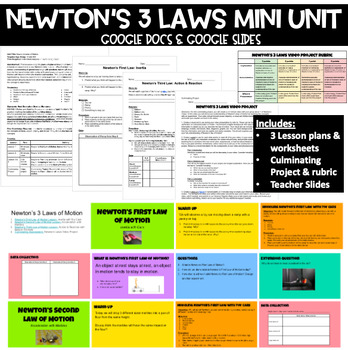 Preview of Newton's Three Laws of Motion Mini Unit Lesson Plans, Worksheets & Slides Bundle