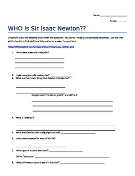 Preview of Newton webquest worksheet