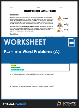 Preview of Newtons Second Law F=ma or FMA Word Problems Worksheet Part 1