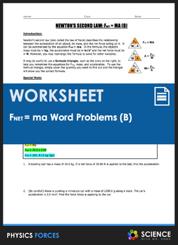 Preview of Newtons Second Law F=ma or FMA Word Problems Worksheet Part 2