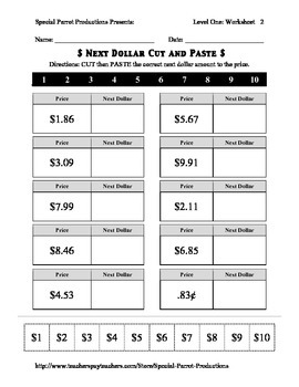 Next Dollar (Dollar Up) Cut and Paste - Worksheets up to 20 Dollars