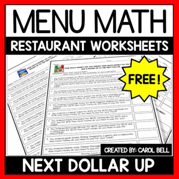 Preview of Free Next Dollar Up Restaurant Word Problem Worksheets Menu Math