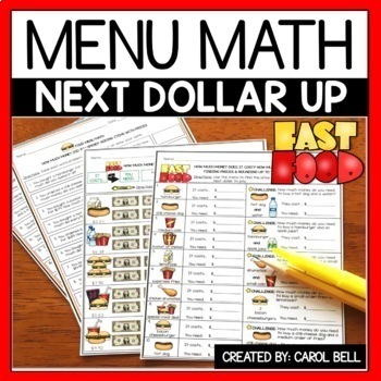 Preview of Next Dollar Up Worksheets and Word Problems Menu Math