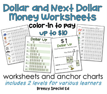 Preview of Next Dollar Up (up to $10) Money Worksheets for Special Education