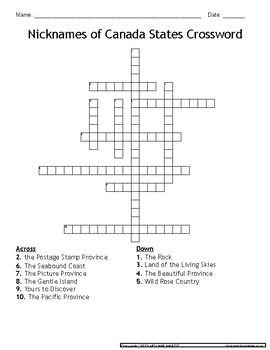 Preview of Nicknames of Canada States Crossword - Nicknames of Canada States Words Puzzles