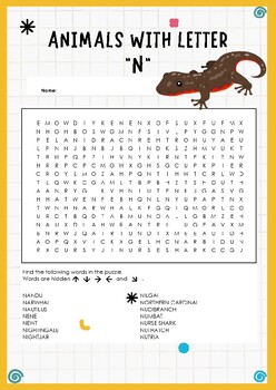 Preview of Nifty Animals: Word Search Puzzle - Animals with letter N