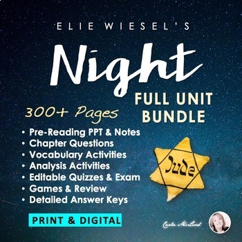 Preview of Night by Elie Wiesel Unit  - Questions, Analysis, Vocabulary, Quizzes, Exam