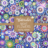 Night Flowers - Blue Daisy Watercolor Digital Pattern Papers