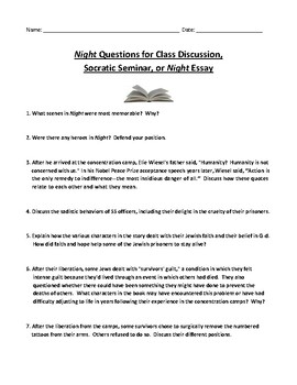 Preview of Elie Wiesel's Night: Questions for Socratic Seminar or Class Discussion