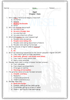 Night Quizzes & Final Exam - Chapters 1-9 with Answer Key