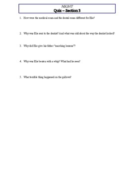 Preview of Night by Elie Wiesel - Section 3 Short Answer Quiz & Answer Key