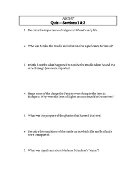 Preview of Night - by Elie Wiesel - Short Answer Quiz on Sections 1 & 2