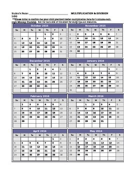 Preview of 2015-2016 Multiplication/Division Fluency Log Calendar