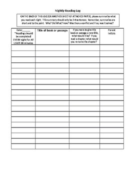 Preview of Nightly Reading Log