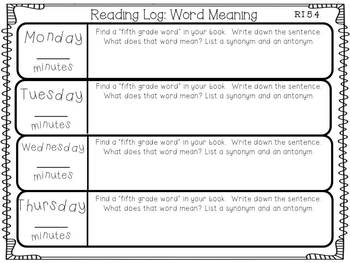 Nightly Reading Logs for EVERY 5th Grade Common Core Reading Standard