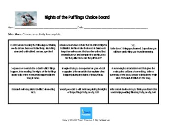 Preview of Nights of the Pufflings Choice Board