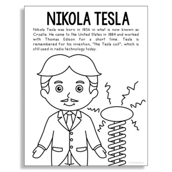 Download NIKOLA TESLA Inventor Coloring Page Craft or Poster, STEM Technology History