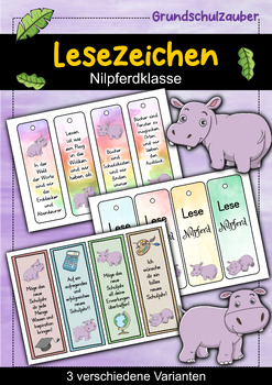 Preview of Nilpferd Lesezeichen für die Nilpferdklasse - 3 Varianten (Deutsch)