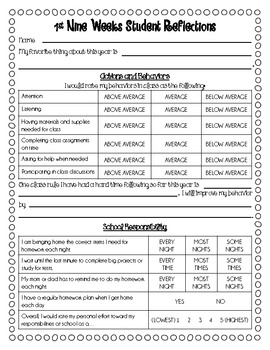 Preview of Nine Weeks Reflection for Student Led Conferences