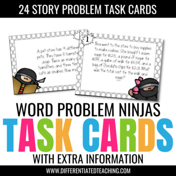 Preview of Word Problems w/ Extra Information Test Prep Task Cards - Ninja-Themed