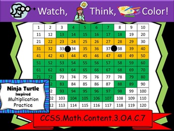 Preview of Ninja Turtle Inspired Multiplication - Watch, Think, Color Game!