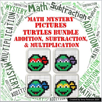 Preview of Ninja Turtles Math Mystery Pictures BUNDLE Addition Subtraction & Multiplication