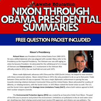 Preview of Nixon through Obama Presidency Summaries United States History Presidents