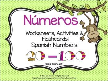 Preview of Números, Spanish Numbers 20-100 worksheets & flashcards / Distance Learning