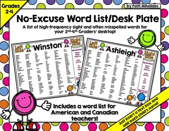 Preview of No Excuse Word Desk-Top Word-List and Name Plate for 2nd-4th Grade Students