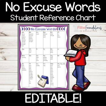 Preview of No Excuse Words Student Reference Chart- Editable | Intermediate Word Wall
