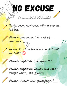 Preview of No Excuse Writing Rules Poster