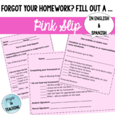 No Homework Pink Slip - English & Spanish w/Parent Signatu