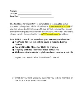 Preview of No Place for Hate Student Application